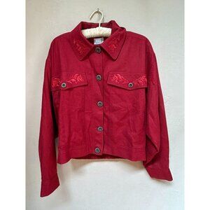 Vintage George Georgiou Womens Button Front Embroidered Silk Jacket Size 10  Red